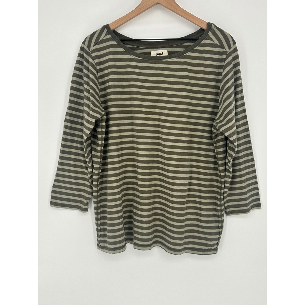 Pact Women's 100% Organic Cotton Green Striped 3/4 Sleeve Boat Neck Blouse- XL